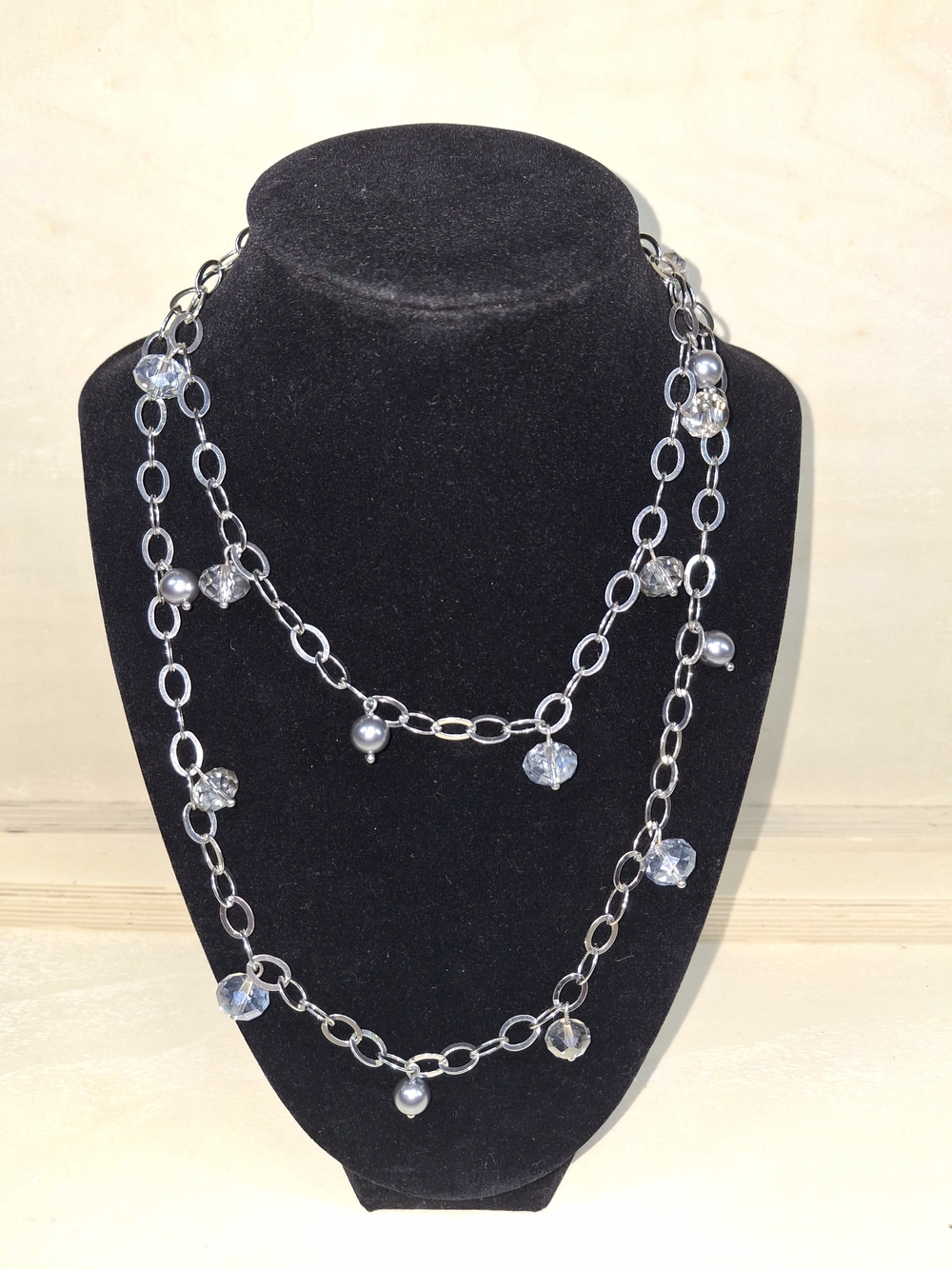 Silver Chain Necklace with Clear Crystal & Pearl Accents - Women Jewelry